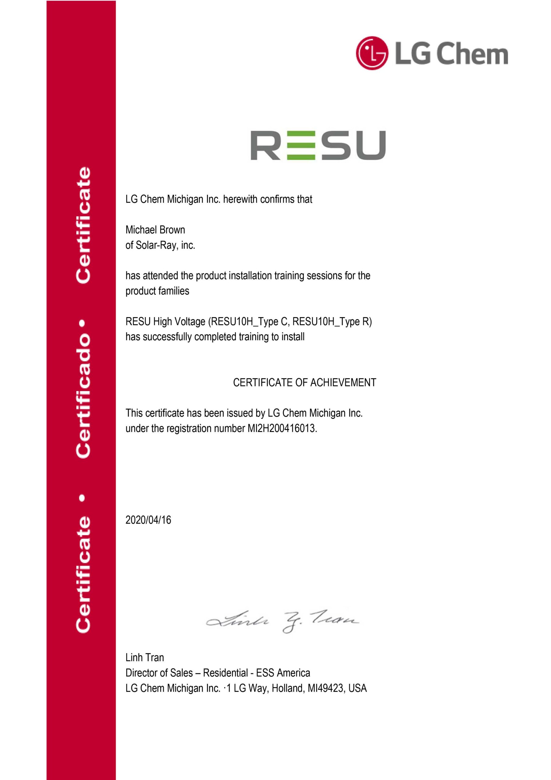 [LG Chem] Certified Installer for RESU10H_Solar-Ray, inc.
